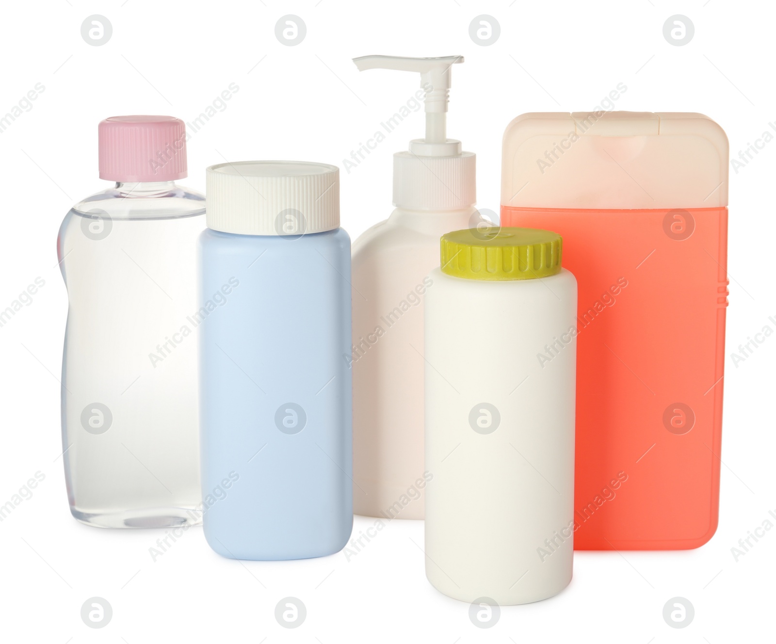 Photo of Bottles of baby cosmetic products on white background