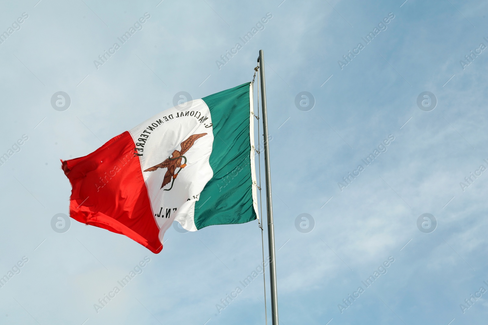 Photo of Mexico flag fluttering against blue sky on sunny day