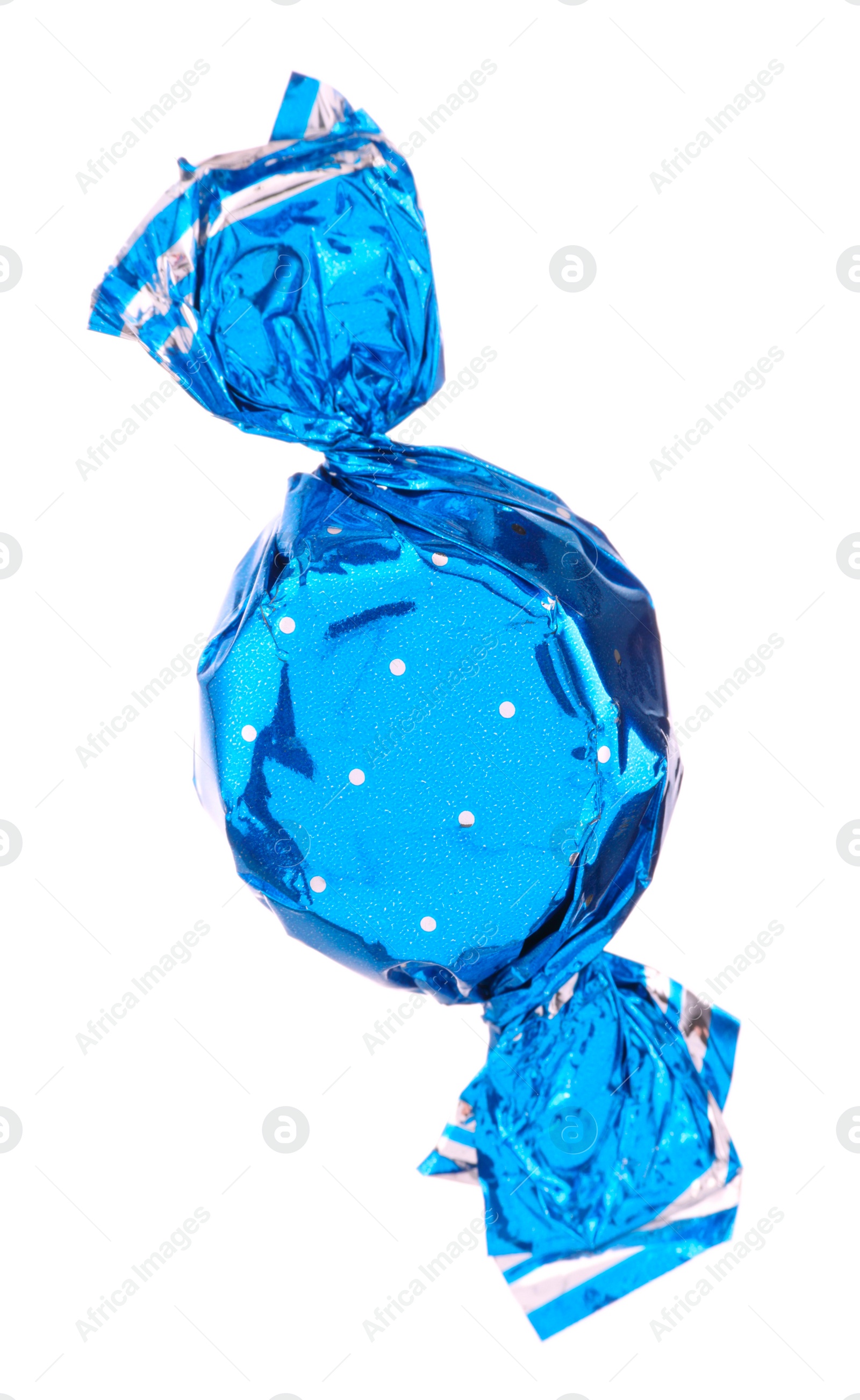 Photo of Candy in light blue wrapper isolated on white