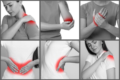 Image of Women suffering from rheumatism, black and white effect with red accent. Collage of photos