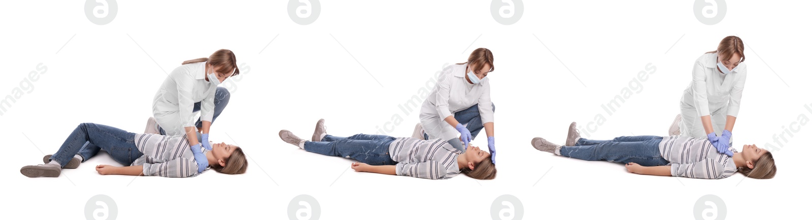 Image of Doctor performing first aid on unconscious woman against white background, collage. Banner design