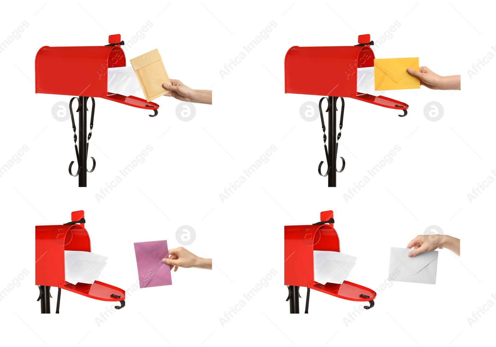 Image of Collage with photos of women putting envelope in red letter box on white background