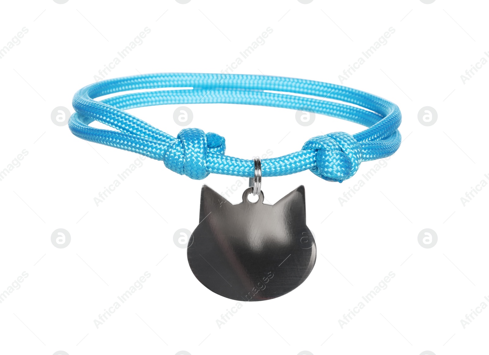Photo of Light blue cat collar with tag isolated on white