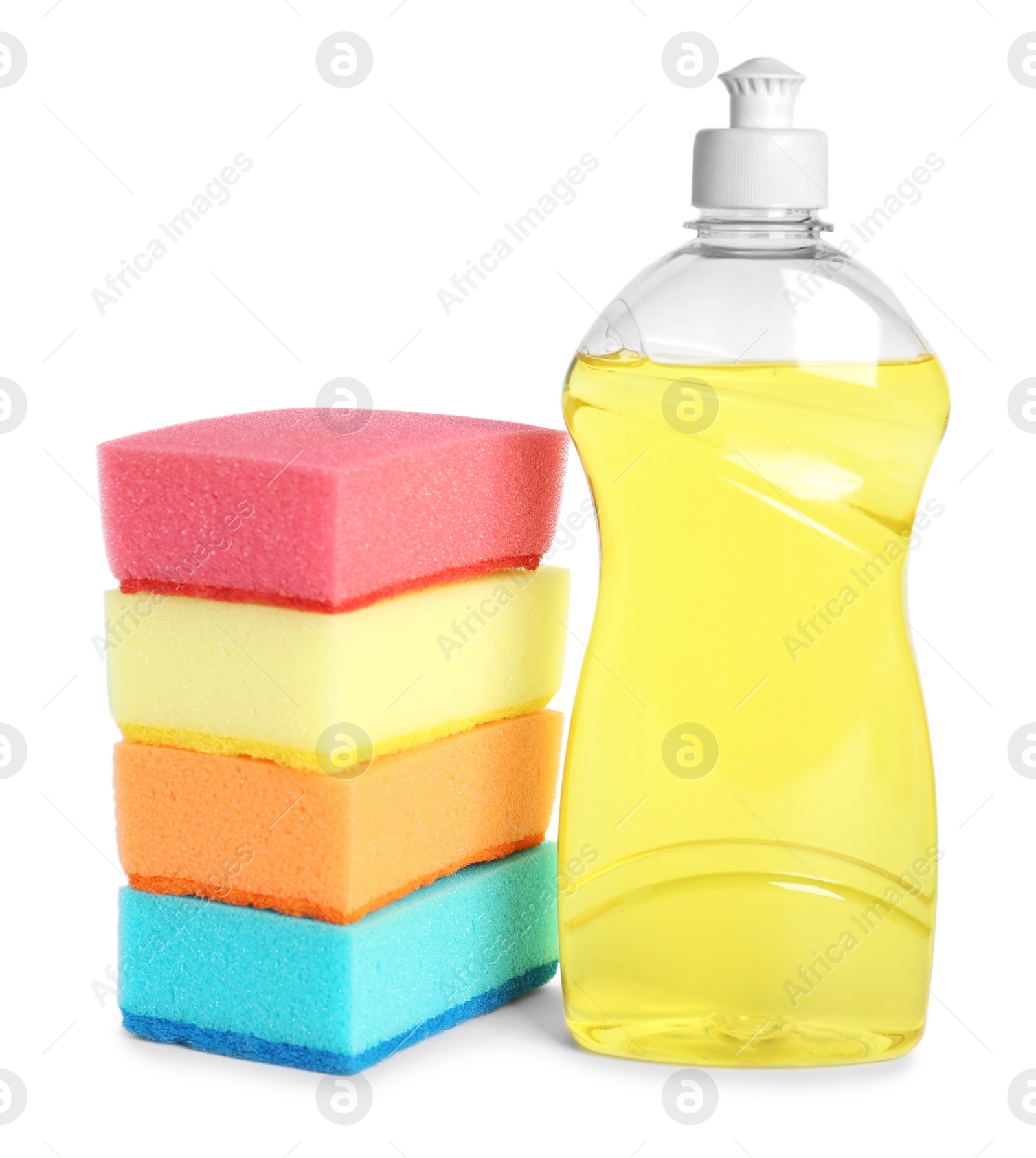 Photo of Bottle of detergent and sponges on white background