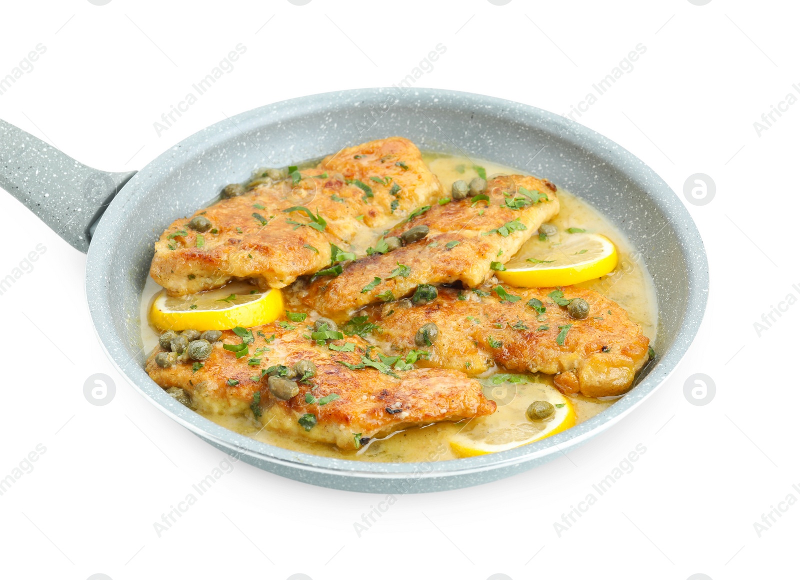 Photo of Delicious chicken piccata with herbs isolated on white