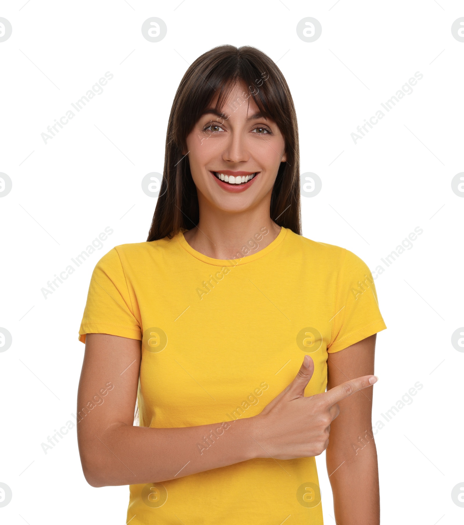 Photo of Special promotion. Happy woman pointing at something on white background