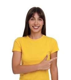 Special promotion. Happy woman pointing at something on white background