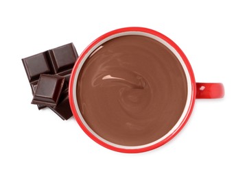 Photo of Yummy hot chocolate in red cup on white background, top view