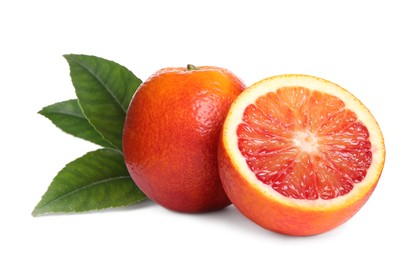 Delicious ripe red oranges on white background