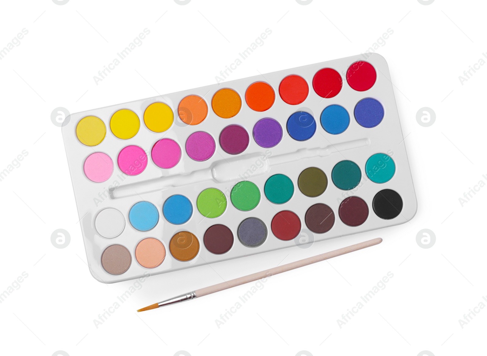 Photo of Watercolor palette and brush isolated on white, top view