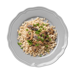 Delicious pearl barley with onion and mushrooms isolated on white, top view