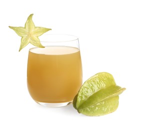 Delicious carambola juice in glass on white background