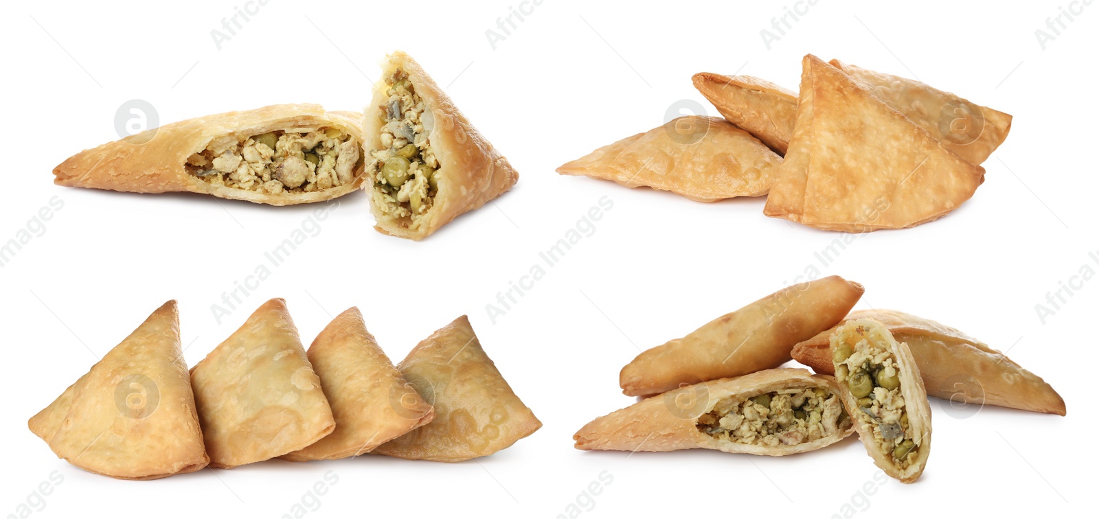 Image of Crispy delicious samosas on white background, collage. Banner design