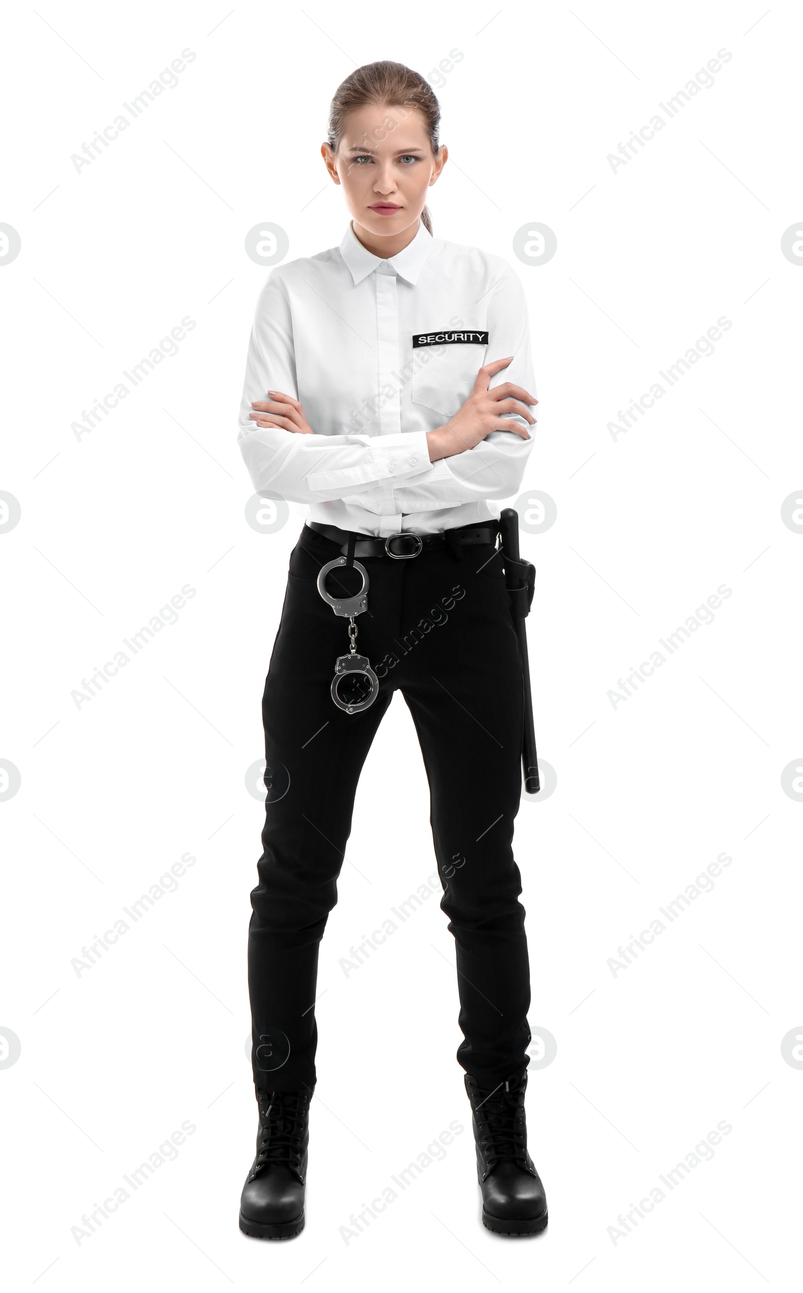 Photo of Female security guard in uniform on white background