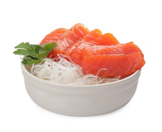 Delicious salmon sashimi served with funchosa and parsley isolated on white