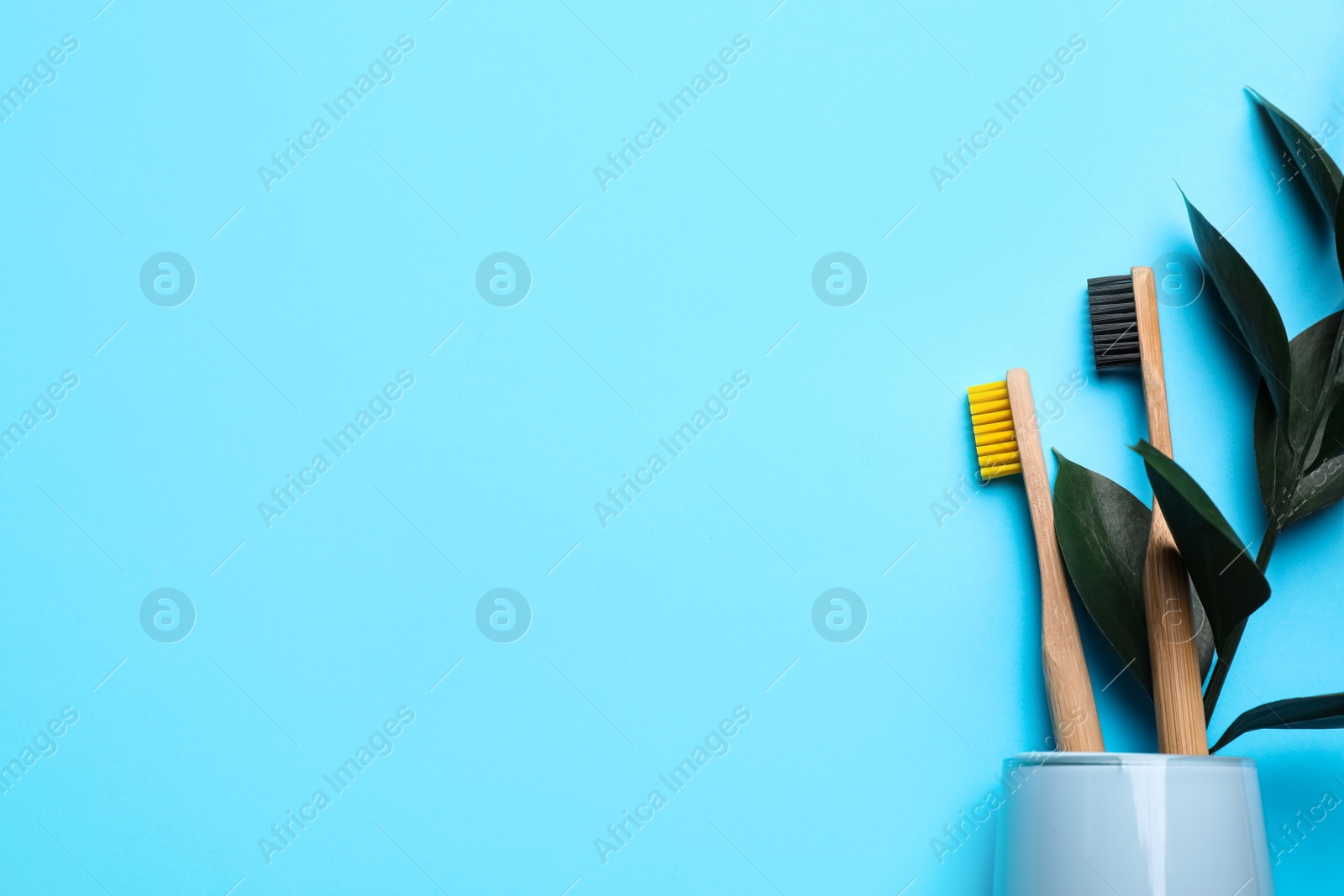 Photo of Holder with bamboo toothbrushes on light blue background, top view. Space for text