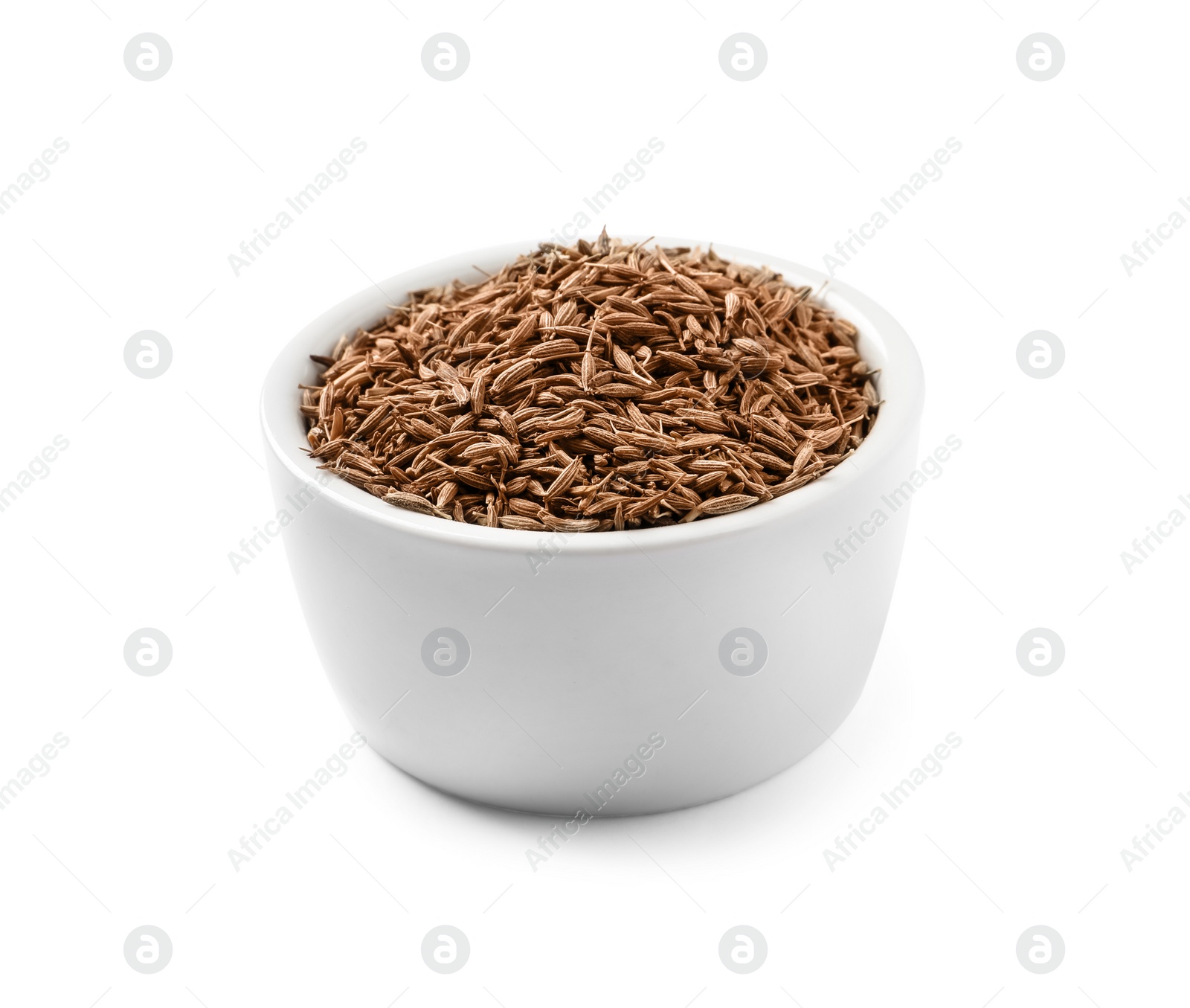 Photo of Bowl of aromatic caraway (Persian cumin) seeds isolated on white