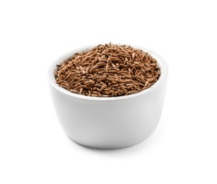 Photo of Bowl of aromatic caraway (Persian cumin) seeds isolated on white