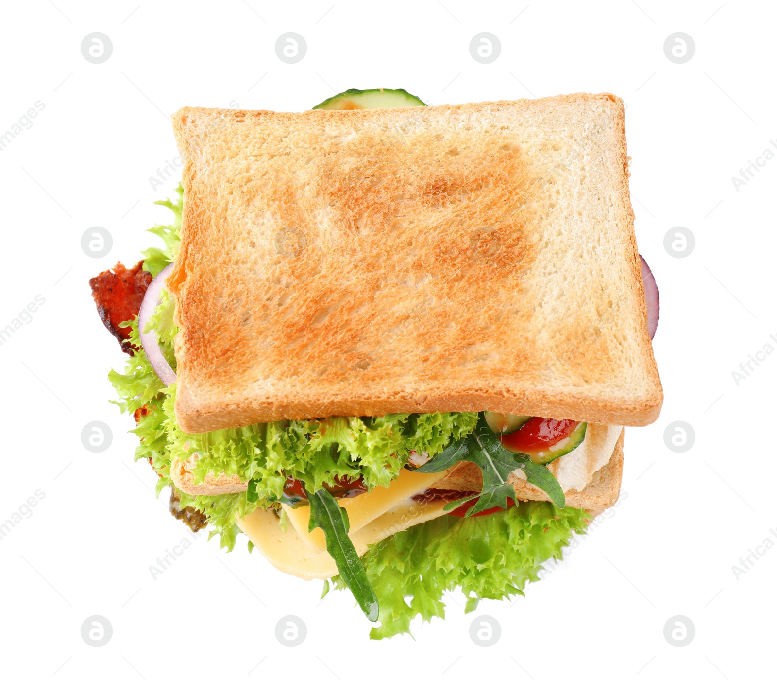 Photo of Yummy sandwich isolated on white, above view