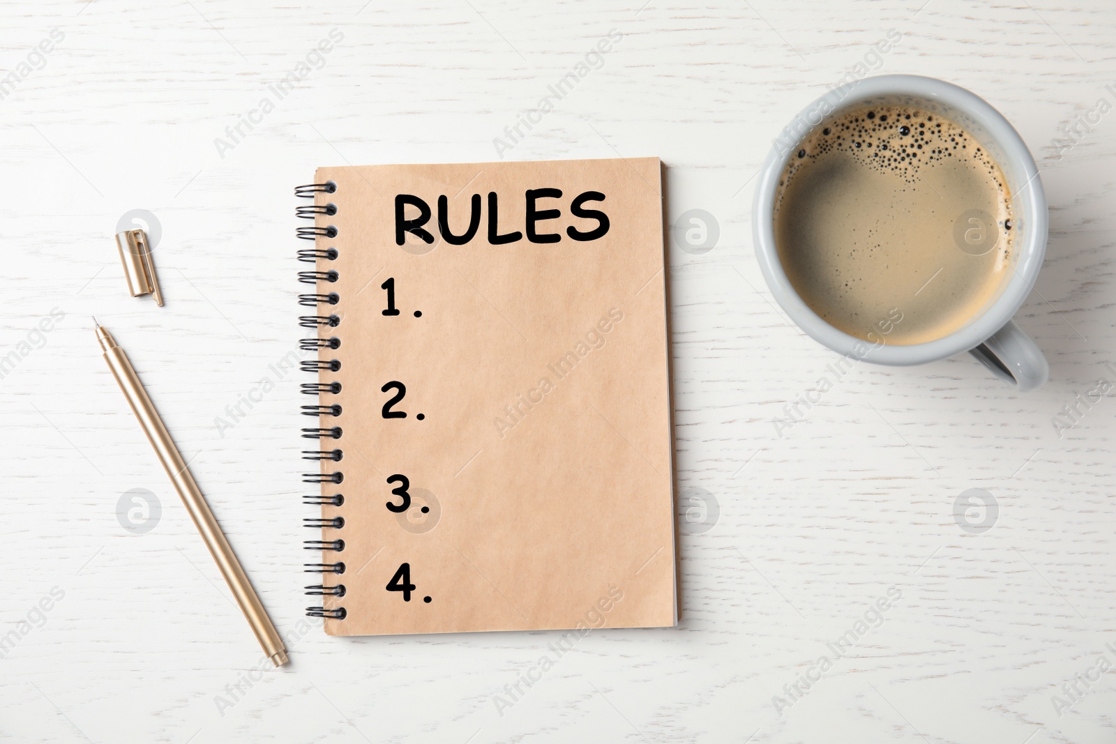 Image of Notebook with list of rules and cup of coffee on wooden background, flat lay