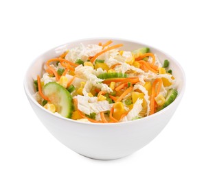 Tasty salad with Chinese cabbage, carrot, corn and cucumber in bowl isolated on white