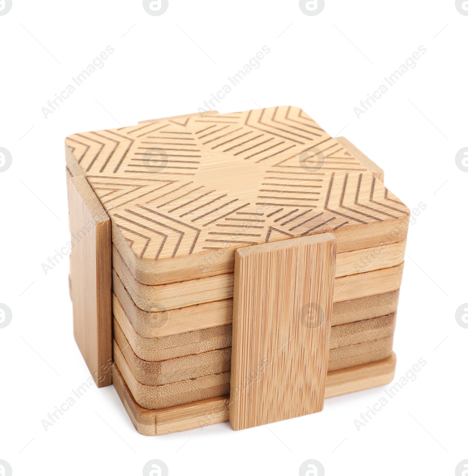 Photo of Stylish wooden cup coasters and holder on white background