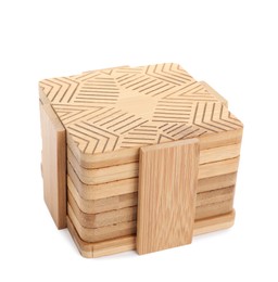 Stylish wooden cup coasters and holder on white background