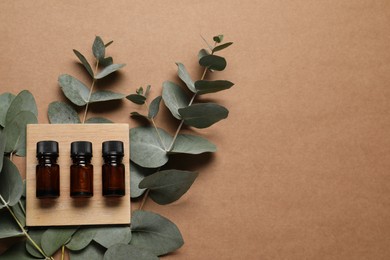 Aromatherapy. Bottles of essential oil and eucalyptus branches on brown background, flat lay. Space for text