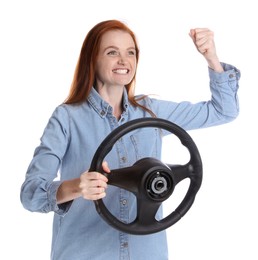 Photo of Emotional woman with steering wheel on white background