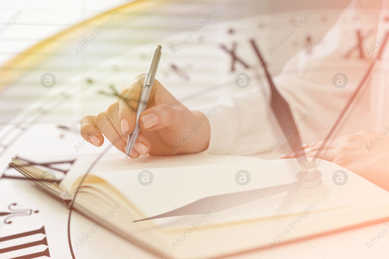 Image of Woman and clock, double exposure. Time concept