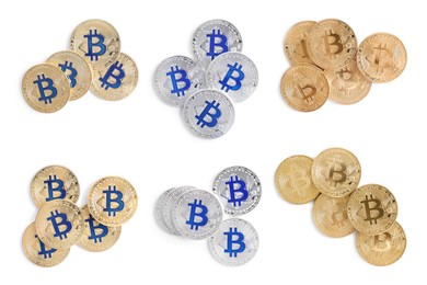 Collage with different bitcoins on white background, top view