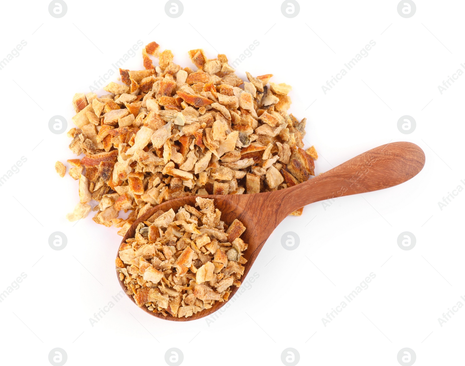 Photo of Spoon with dried orange zest seasoning isolated on white, top view