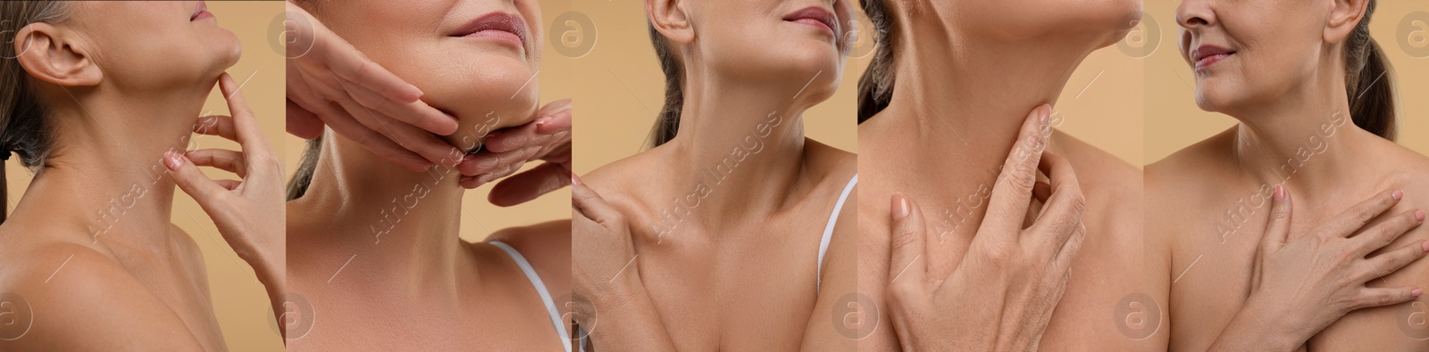 Image of Woman with healthy skin on beige background, set with photos