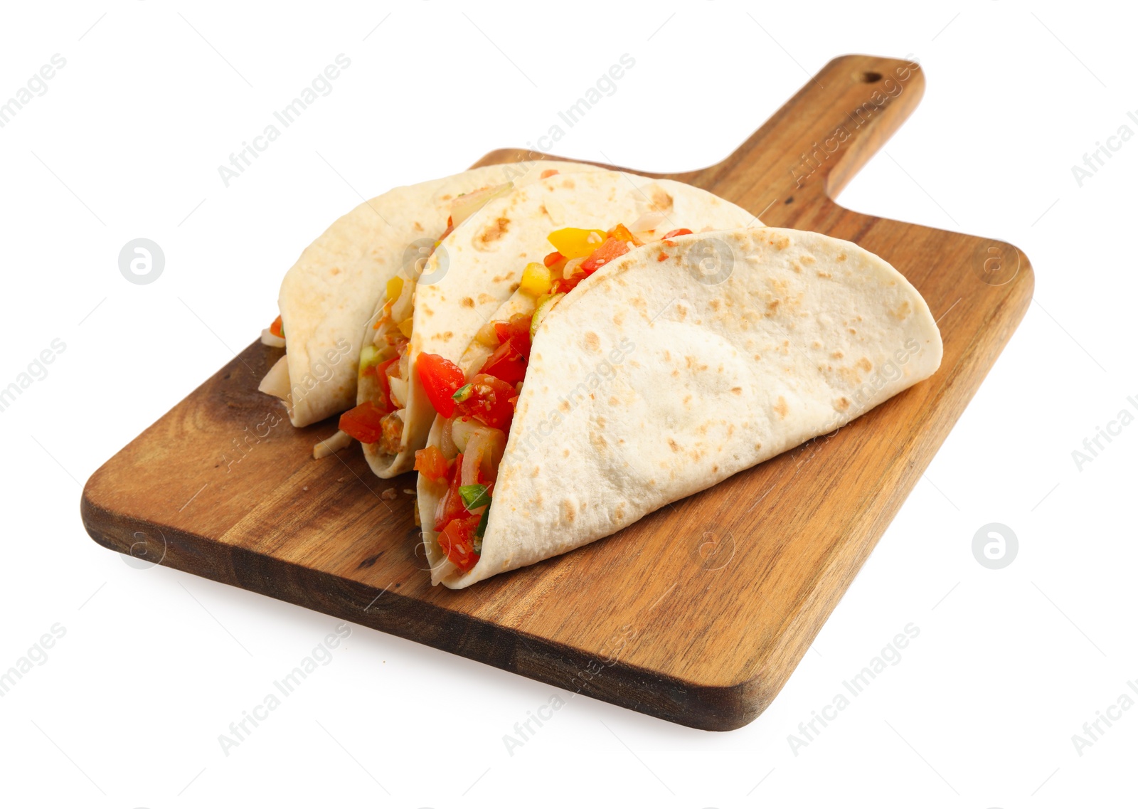 Photo of Delicious tacos with vegetables isolated on white