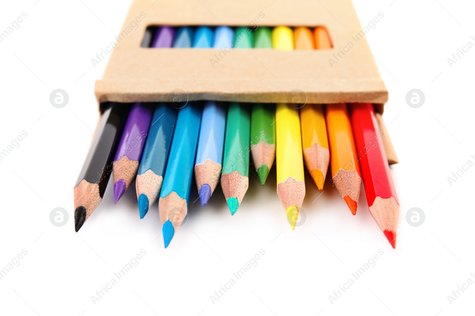 Photo of Box of color pencils on white background