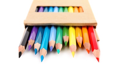 Box of color pencils on white background