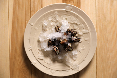 Photo of Fresh goose barnacle with ice on wooden table, top view