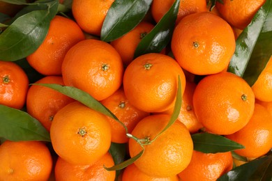 Photo of Delicious tangerines with leaves as background, top view