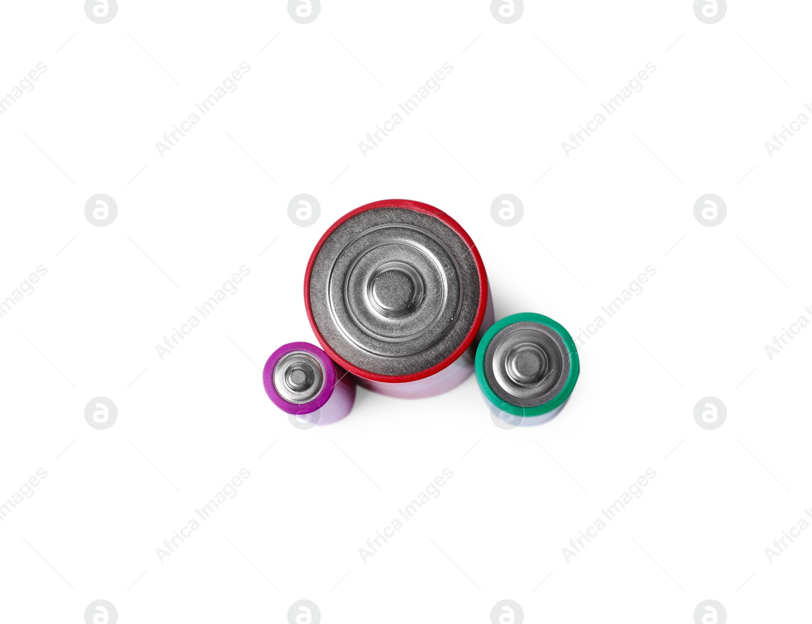 Photo of Three different new batteries isolated on white, top view
