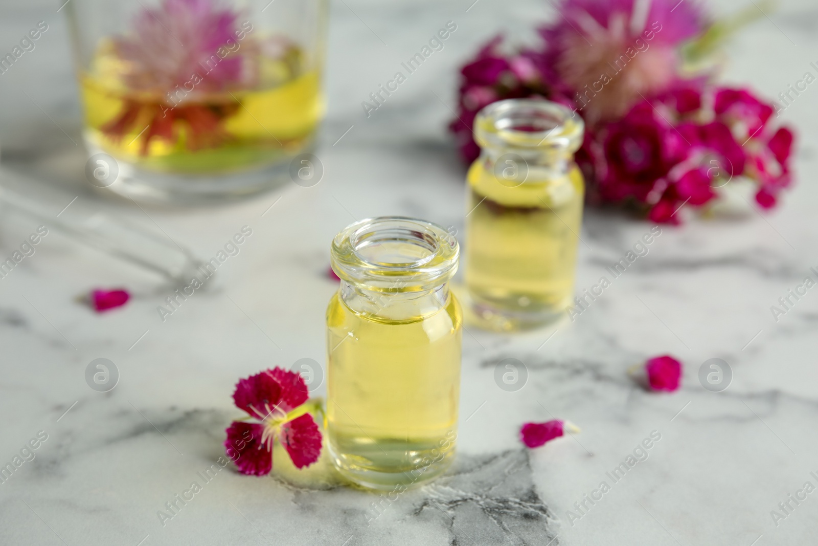 Photo of Composition with essential oils and flowers on table