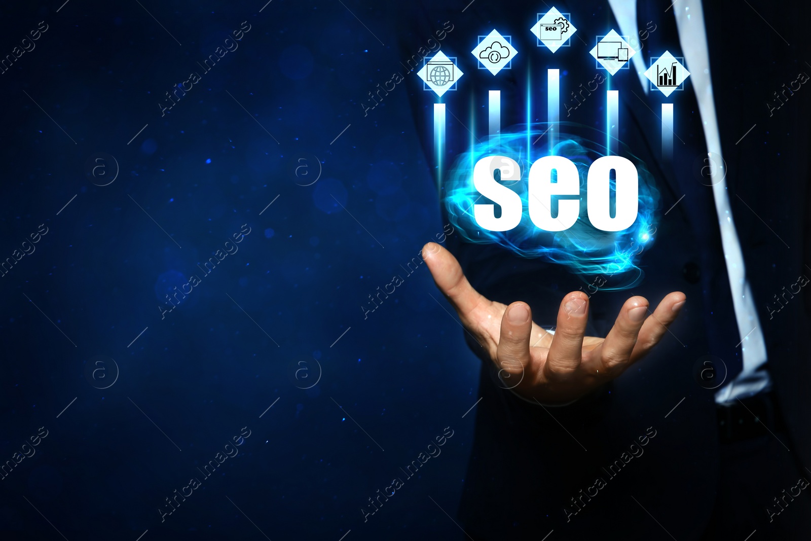 Image of Man demonstrating directions of SEO, closeup. Icons of keyword research, customization and others