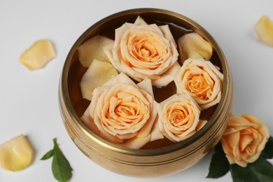 Photo of Tibetan singing bowl with water and beautiful rose flowers on white background, closeup