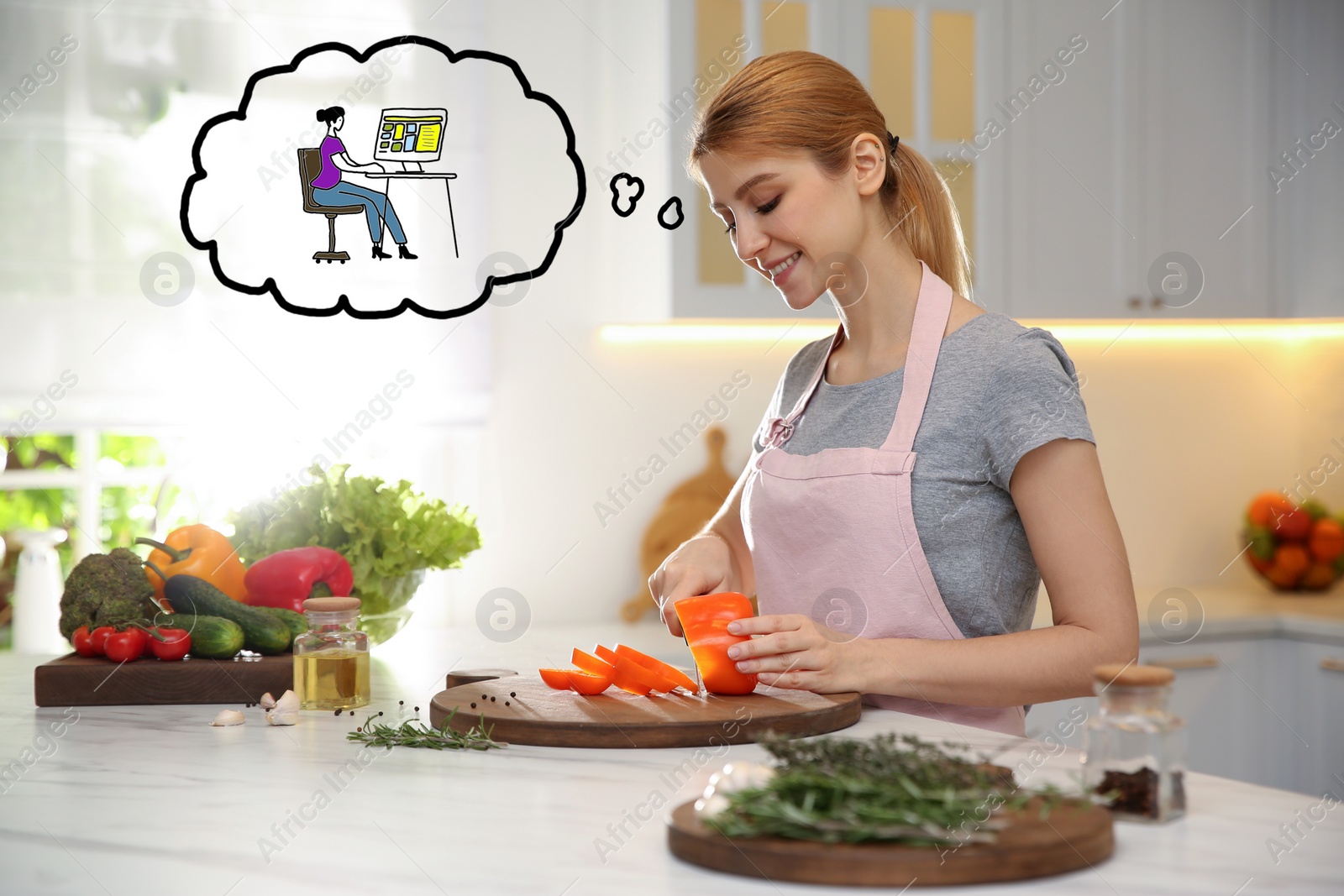 Image of Housewife dreaming about new job at home. Concept of balance between life and work