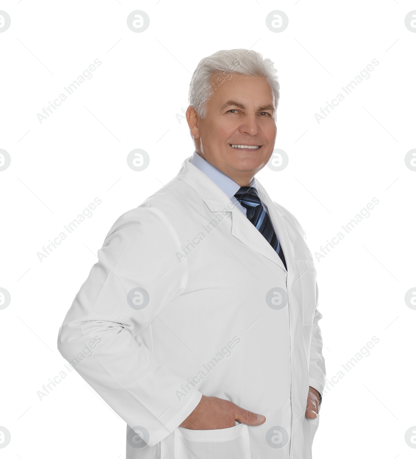 Photo of Happy senior man in lab coat on white background