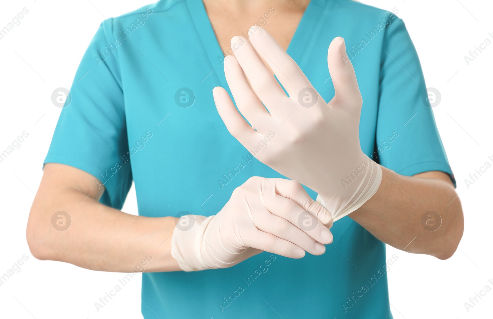 Photo of Doctor wearing medical gloves on white background, closeup