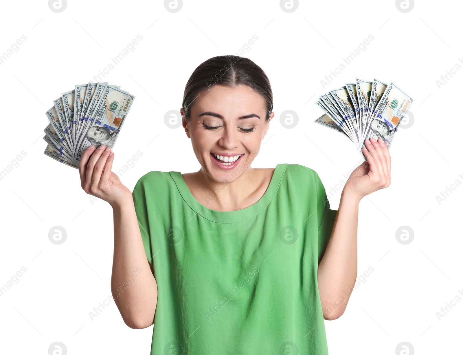 Photo of Portrait of young woman holding money banknotes on white background