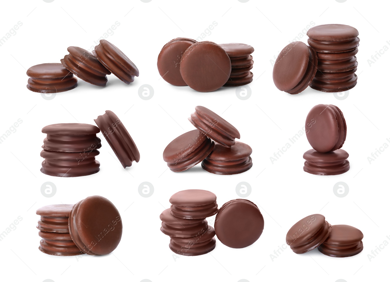 Image of Set with tasty choco pies on white background