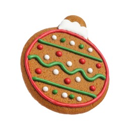 Photo of Tasty cookie in shape of Christmas ball isolated on white
