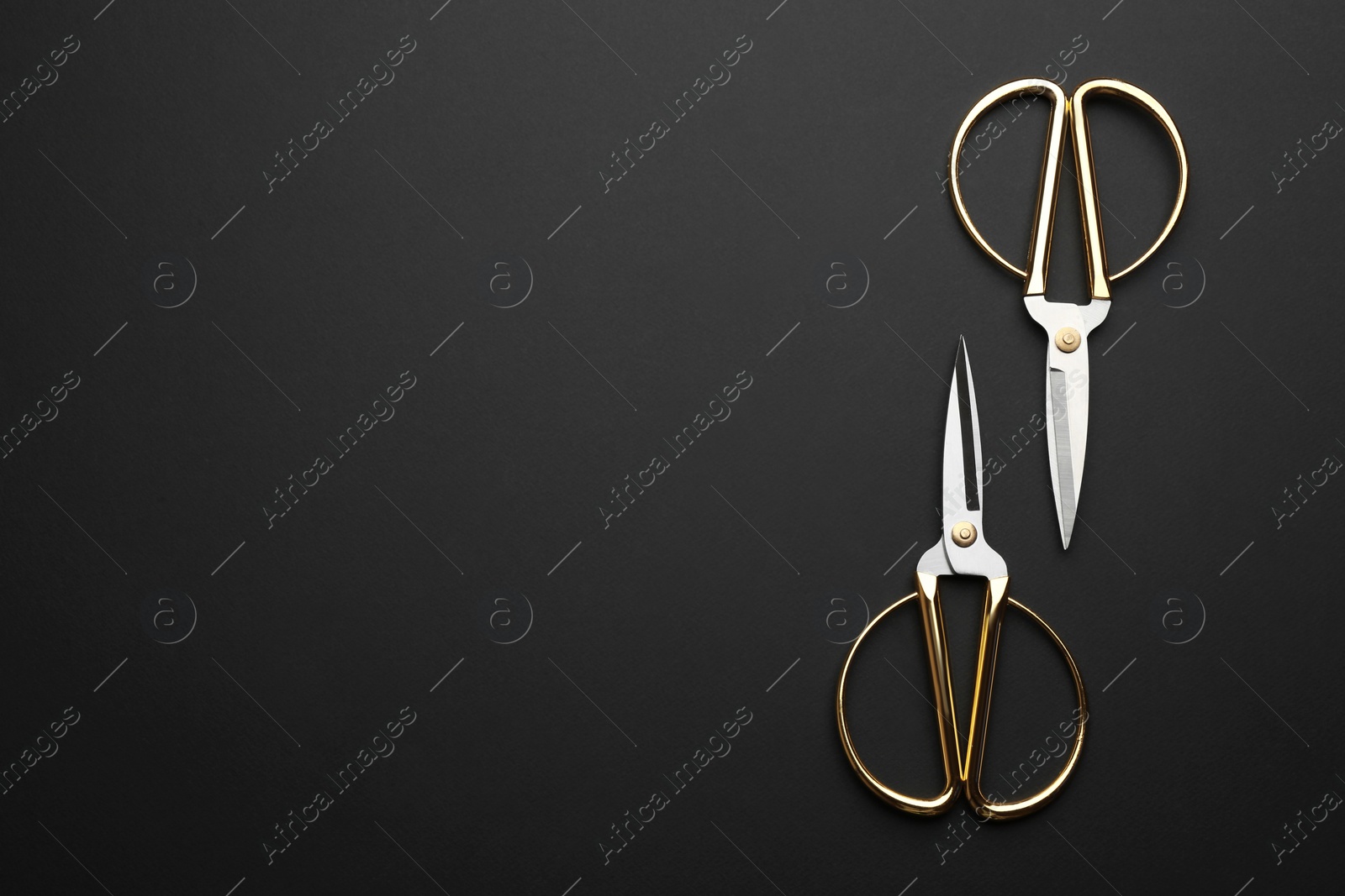 Photo of Set of scissors on dark background, flat lay. Space for text