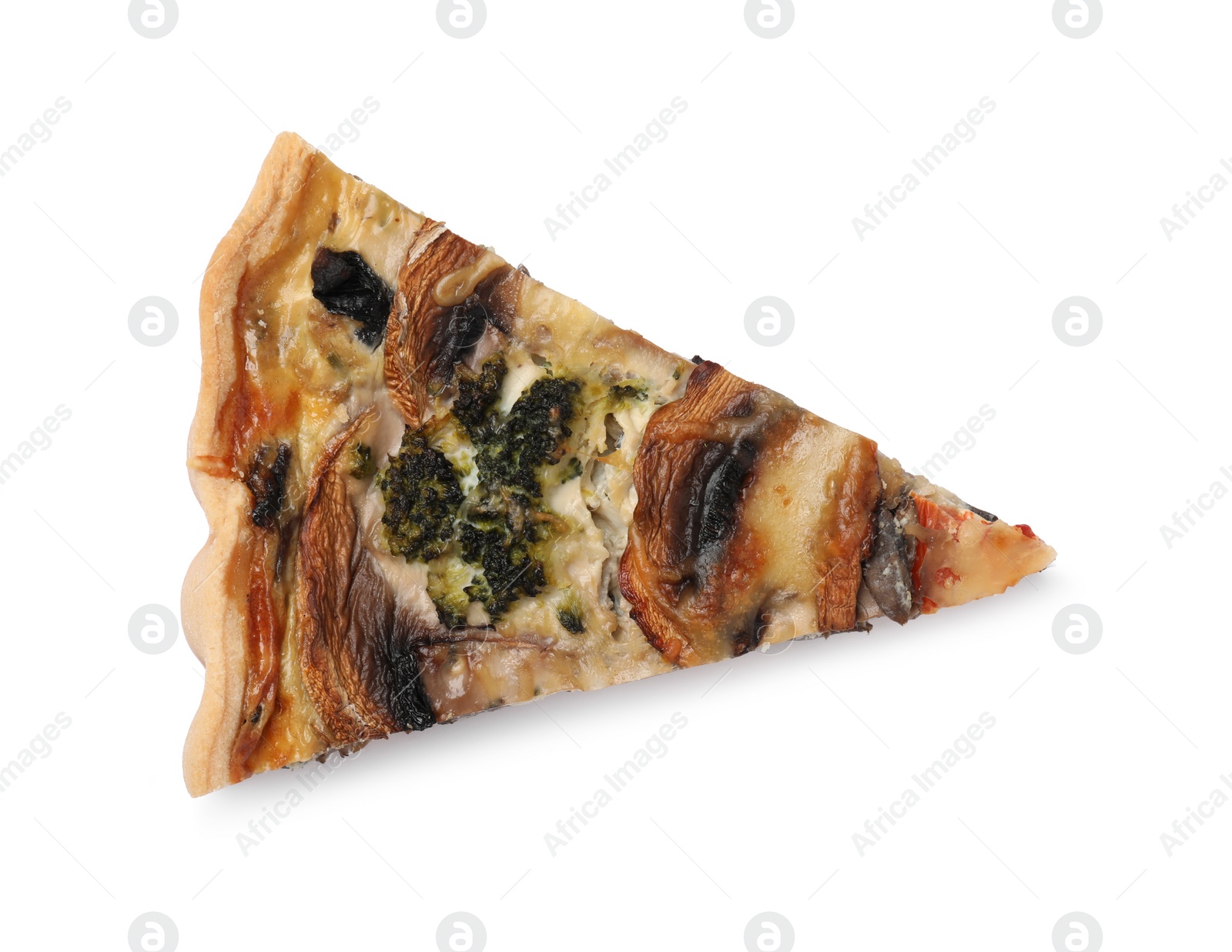 Photo of Piece of delicious quiche with mushrooms isolated on white, top view